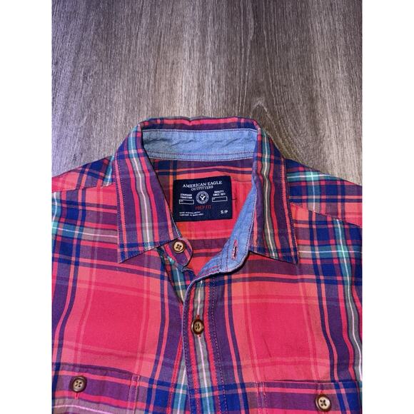 American Eagle Outfitter Shirt Mens Red Plaid Prep Fit Long Sleeve - Picture 3 of 3